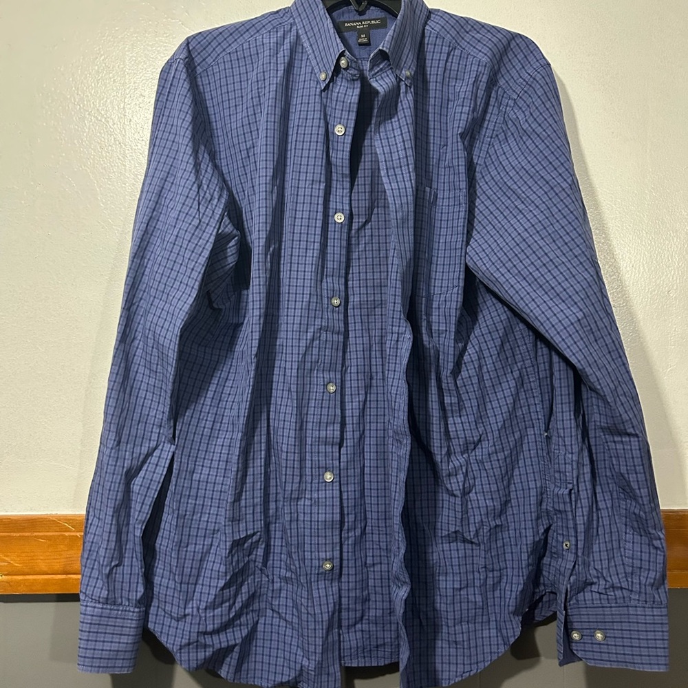 Banana Republic Men's Navy Blue Windowpane Button-Down Shirt